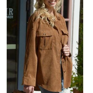 Women’s Brown Ribbed Corduroy Button Down Shirt Jacket